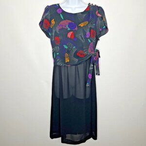 Vintage 80s Bobby's Girl Black Multi Abstract Floral Blouson Secretary D…